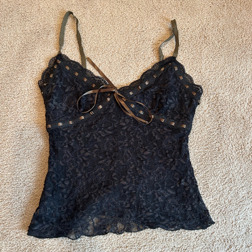 Black Lace Camisole with Brown Ribbon